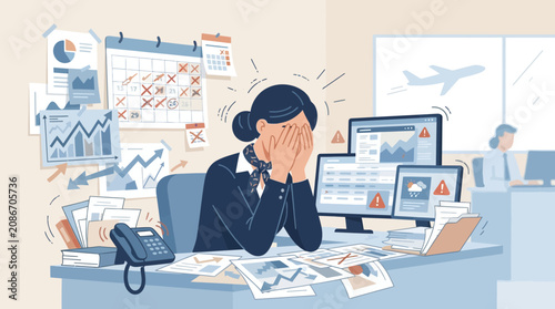 Overwhelmed Businesswoman Stressed at Desk with Many Tasks and Deadlines