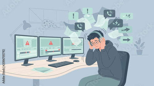 Overwhelmed individual with multiple computer screens and notifications