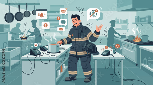 Overwhelmed Firefighter in Busy Kitchen, Chaos, Stress, Multitasking
