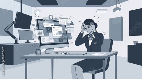 Stressed businesswoman overwhelmed by computer notifications and deadlines