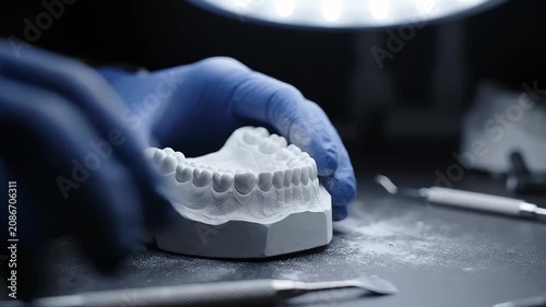 Dental Technician Expertly Working On A Plaster Teeth Model In Laboratory. Precision Sculpting And Finishing Procedures For Professional Prosthetic Dentistry Applications In A Sterile Clinical Setting