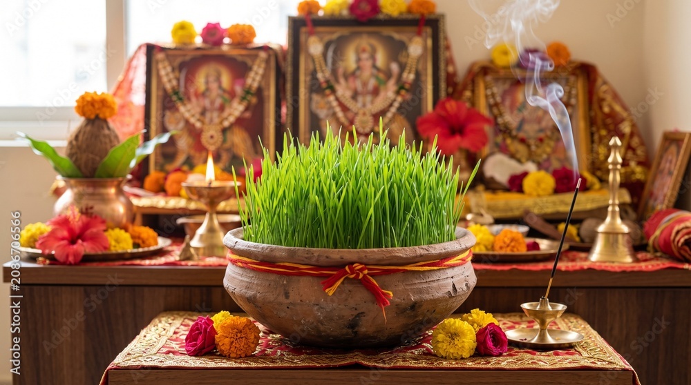 Fototapeta premium Sharad Navratri ritual, a wide clay bowl with vibrant green barley grass sprouts grown tall, a red thread tied around the rim