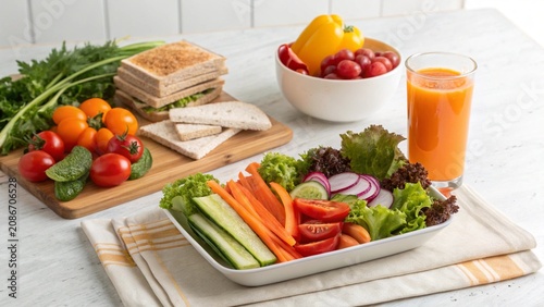 Healthy organic lunch setup with fresh vegetable salad, artisan bread, and refreshing juice.
