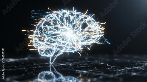Glowing Digital Human Brain Model with Neuronal Synapse Data Flow. Futuristic AI Intelligence Concept Animation.