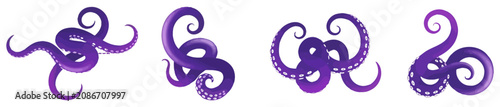 Four purple octopus tentacles isolated on white background
