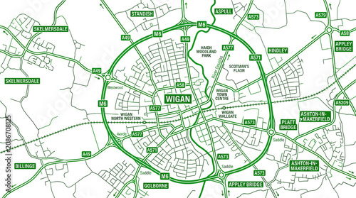 Obraz na płótnie Wigan City Map Aerial View, Ring Road, Urban Planning, Road Network, Transportat