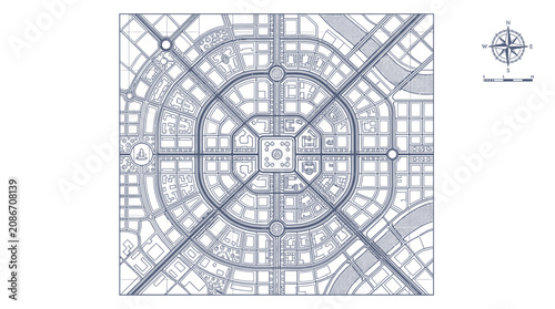 Принти на полотні Blueprint city plan, urban planning, concentric street grid, urban design