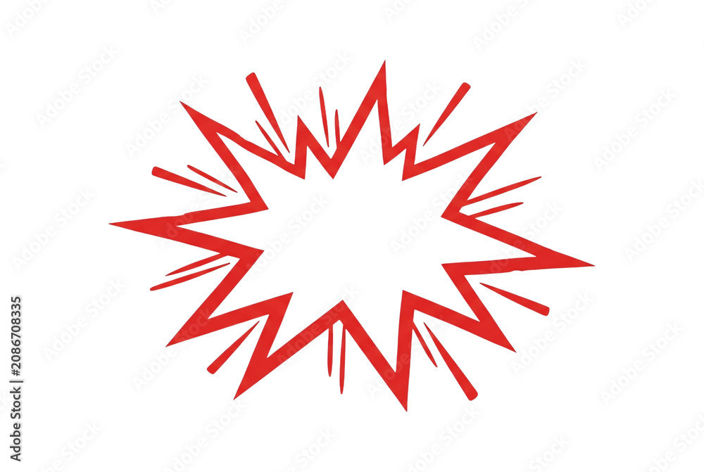 Fototapeta premium Red starburst explosion shape, comic book pop art burst, jagged spiky outline, empty white center for text, sale banner design element