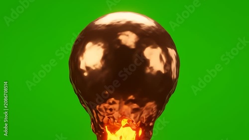 Liquid molten metal sphere flowing and dripping, metallic fluid orb with surface reflections on chroma key green background.