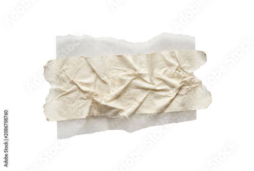 Torn masking tape piece layered on white paper, crumpled dirty washi tape texture, vintage grunge adhesive strip mockup