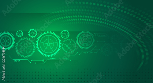 Abstract green technology background with glowing gears, digital circuit elements, and futuristic engineering design. Ideal for automation, Industry, innovation, AI, and smart manufacturing themes.