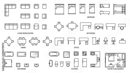 CAD Furniture Top View Outline Icons Set for Interior Floor Plans and Architectural Drawings
