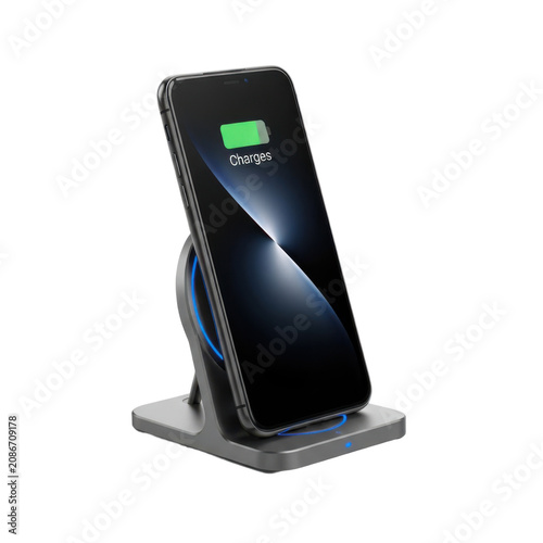 Modern sleek wireless charging dock with smartphone in active charging mode