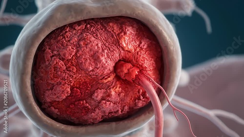 Medical 3D animation showing intervertebral disc herniation with nerve root compression.