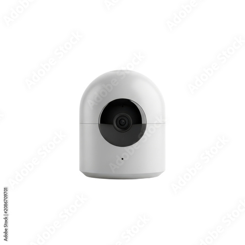 Modern white indoor smart camera with sleek rounded design and central lens against clean white background