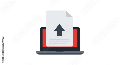 Laptop with document upload icon.