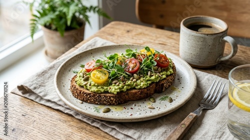Delicious breakfast with avocado toast.