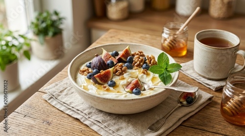 Delicious breakfast with oatmeal fruits.