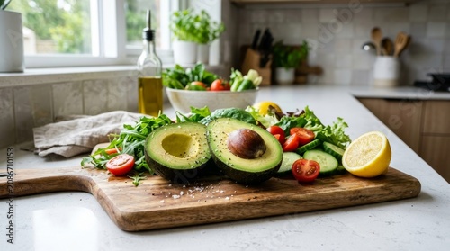 Fresh avocado and vegetables on cutting board.