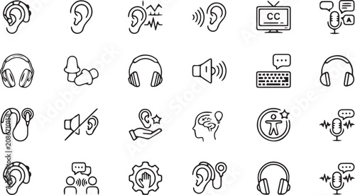 Hearing aid and audio accessibility icons set. Deafness, audiology care and sound communication line icon collection. Ear protection closed captioning headphones and assistive listening technology