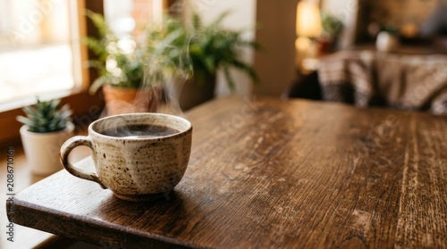 Steaming cup of coffee on table.