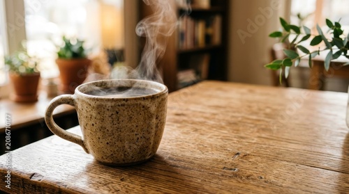 Steaming cup of coffee on table.