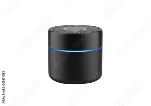 Modern sleek black cylindrical air purifier with blue LED indicator light on white background