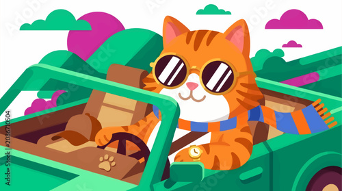 Fotografía Cute Cartoon Tabby Cat Wearing Sunglasses and Scarf Driving a Car, Flat Design I