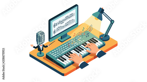 Cuadro en lienzo Musician composing music on a keyboard with computer and sheet music