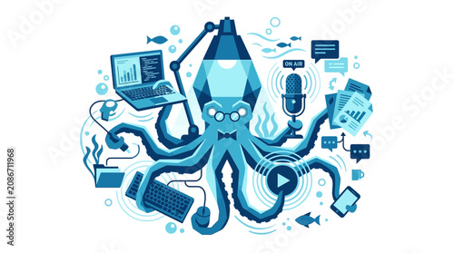 Octopus programmer multitasking with technology and podcasting equipment