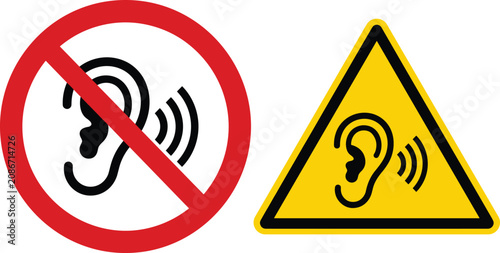 High Noise Hazard Warning Sign Vector Set Featuring Red Prohibition Circle and Yellow Triangle Caution Labels with Ear Sound Wave Symbols for Hearing Protection Alerts