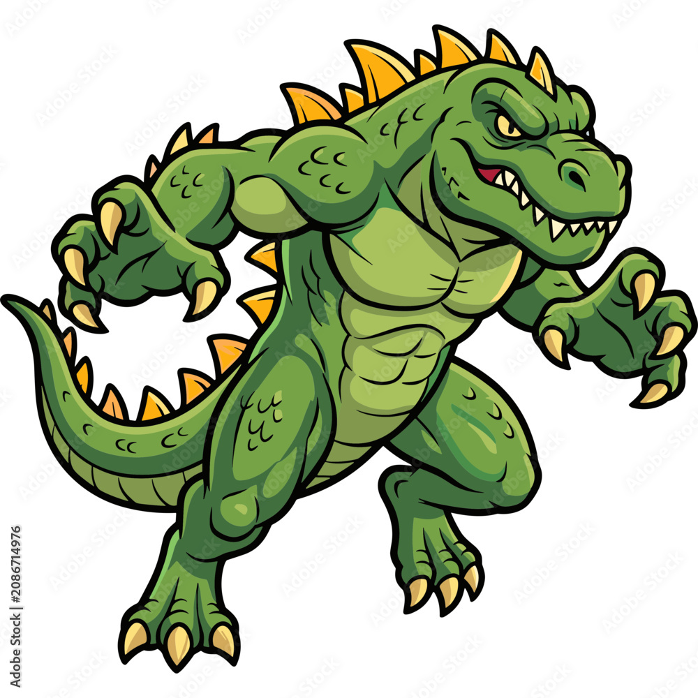 Fototapeta premium A cartoon dinosaur creature with sharp teeth and spikes runs on land.