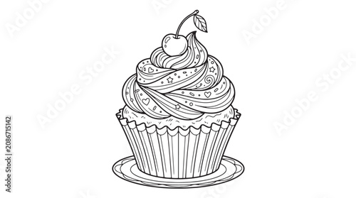 Φωτογραφία Intricate cupcake coloring page vector, detailed dessert line art with cherry to