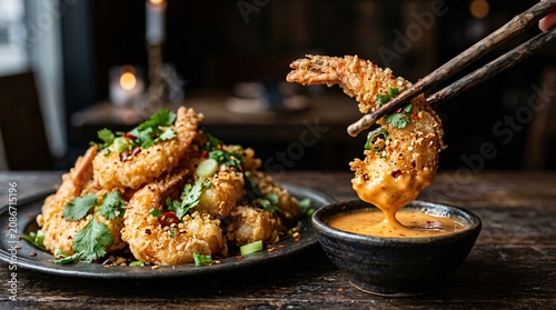 Crispy golden-brown tempura fried shrimp being dipped into spicy creamy sriracha mayo sauce held by bamboo chopsticks on a rustic platter.