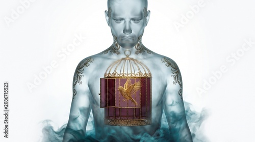 Tableau sur toile Close-up of a man holding a glass jar with a bird inside, symbolic and thought-p