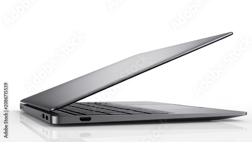 realistic modern laptop open with white screen isolated white background