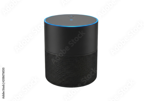 Modern black smart speaker with glowing blue ring and textured mesh grille on white background