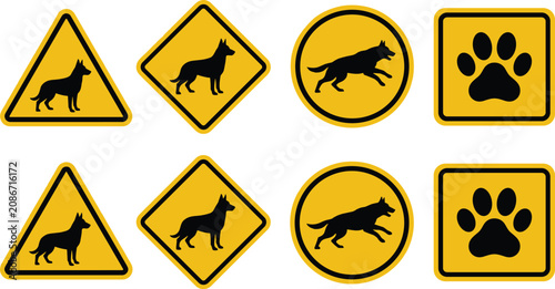 Bild auf Leinwand Yellow Guard Dog Warning Sign Vector Set Featuring German Shepherd Silhouettes A