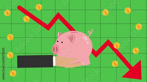 Financial loss concept with a piggy bank and a declining market graph cartoon animation