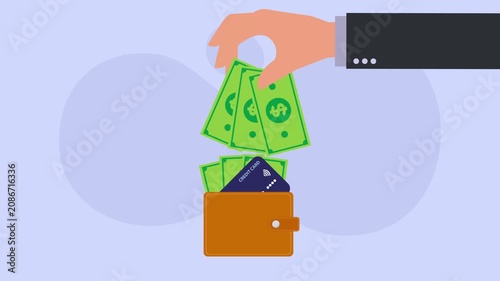 Hand pulling cash dollar banknotes out of a leather wallet cartoon animation