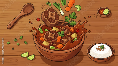 Tableau sur toile Dynamic Overhead Shot of Oxtail Soup Ingredients Splashing into a Rustic Bowl, S