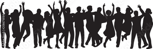 Diverse group of excited people silhouettes jumping and celebrating with hands raised in joyous moments