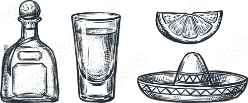 Foto Hand drawn vintage engraving style vector illustration set of Mexican tequila bo