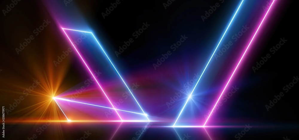Fototapeta premium Glowing neon geometric forms with radiant edges and bright light flares on a dark background for modern digital artwork.