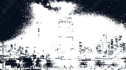 Distressed Cityscape Silhouette at Night with Textured Sky