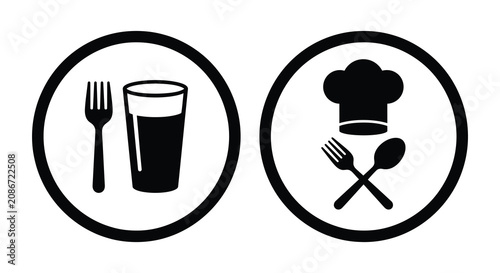 Two Circular Icons Depicting Dining And Culinary Elements In Black Silhouette restaurant food beverage chef cook