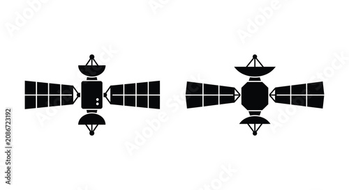 Bilde på lerret Two depictions of a sputnik satellite in black silhouette against a white backgr