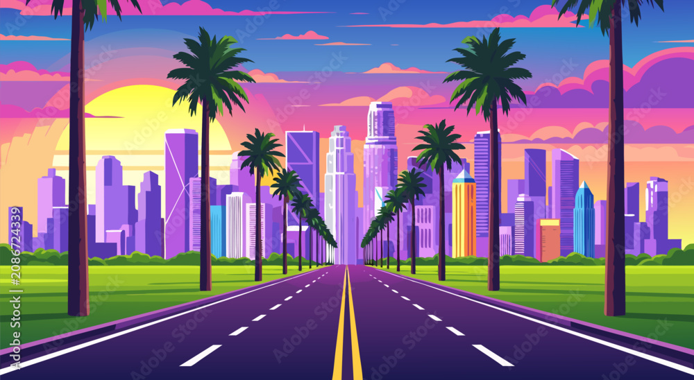 Naklejka premium Vibrant Sunset Cityscape Vector Illustration Design Featuring A Palm Tree Lined Road Leading To A Modern Urban Skyline Background 44