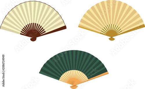 Three traditional paper folding fans in different colors