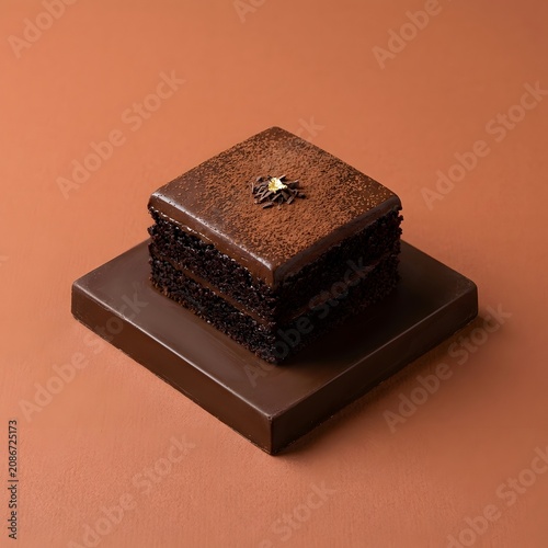 Square chocolate sponge cake on dark base with gold leaf chocolate patisserie